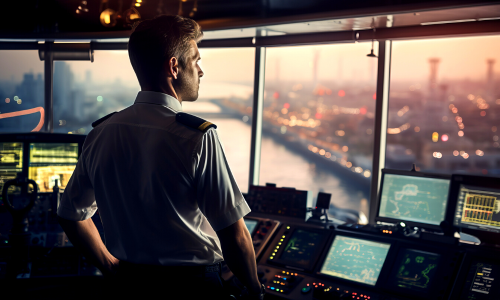 commandant qui pilote le bateau de croisi&egrave;re, regardant &agrave; l&rsquo;horizon dans la salle des contr&ocirc;les